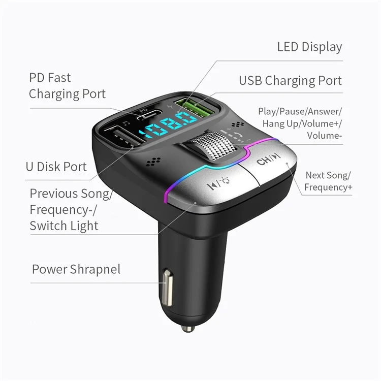 GZ01 Bluetooth 5.3 Hands-free Call U-disk MP3 Music Player Type-C + Dual USB Car Charger