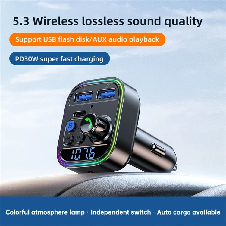 T18 Colorful Light Ring Bluetooth-compatible Hands-free Call MP3 Player Type-C + Dual USB Car Charger FM Transmitter (CE Certified)