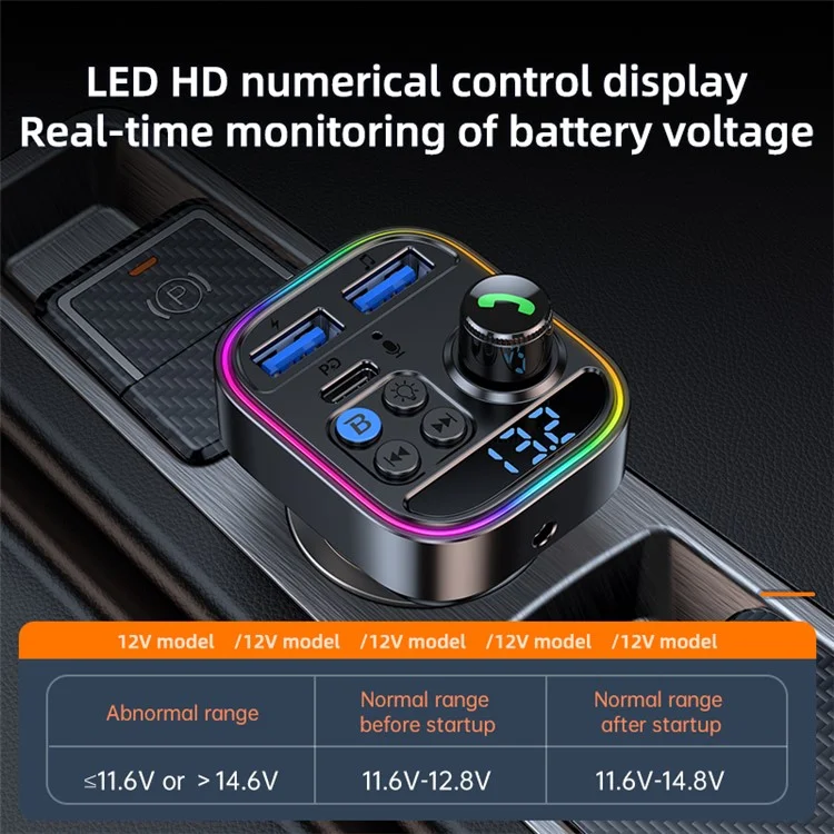T18 Colorful Light Ring Bluetooth-compatible Hands-free Call MP3 Player Type-C + Dual USB Car Charger FM Transmitter (CE Certified)