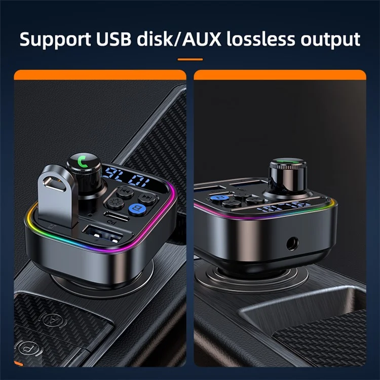 T18 Colorful Light Ring Bluetooth-compatible Hands-free Call MP3 Player Type-C + Dual USB Car Charger FM Transmitter (CE Certified)