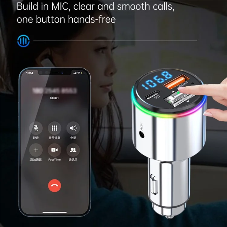 BC88 Bluetooth 5.3 FM Transmitter QC3.0 PD 30W Fast Charging Car MP3 Player avec Éclairage RVB (Certifié CE)