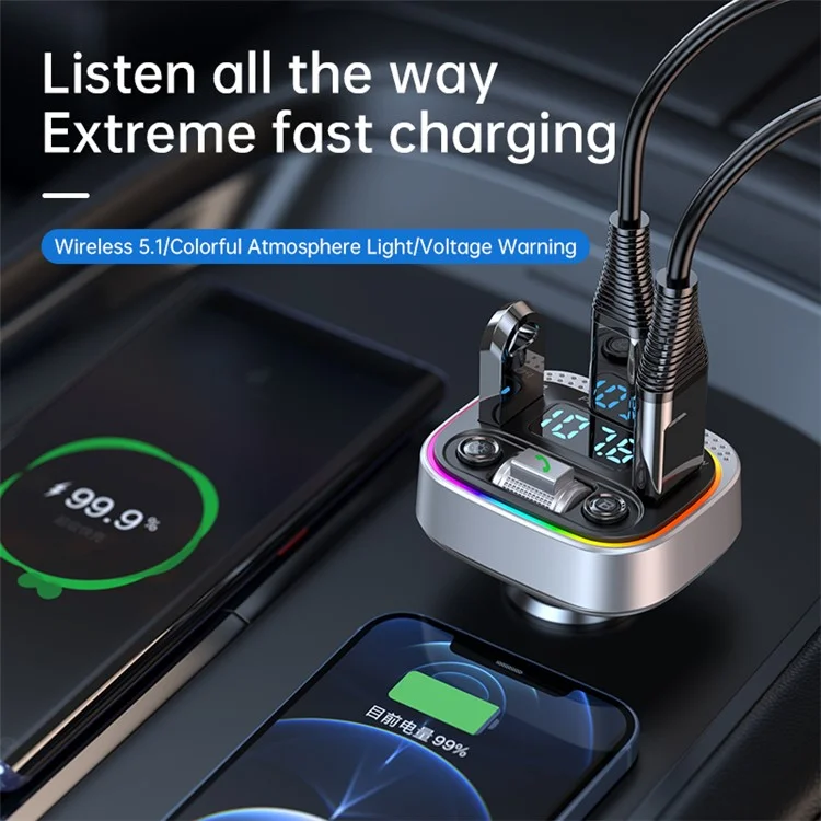 T21 Fast Charging Vehicle Charger Ambient Light Car Bluetooth FM Radio Hands-free Phone Calling MP3 Player