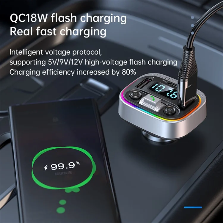 T21 Fast Charging Vehicle Charger Ambient Light Car Bluetooth-compatible FM Radio Hands-free Phone Calling MP3 Player