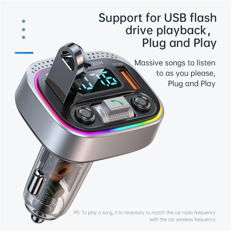 T21 Fast Charging Vehicle Charger Ambient Light Car Bluetooth-compatible FM Radio Hands-free Phone Calling MP3 Player
