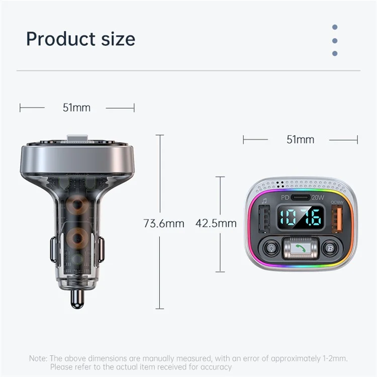 T21 Fast Charging Vehicle Charger Ambient Light Car Bluetooth-compatible FM Radio Hands-free Phone Calling MP3 Player