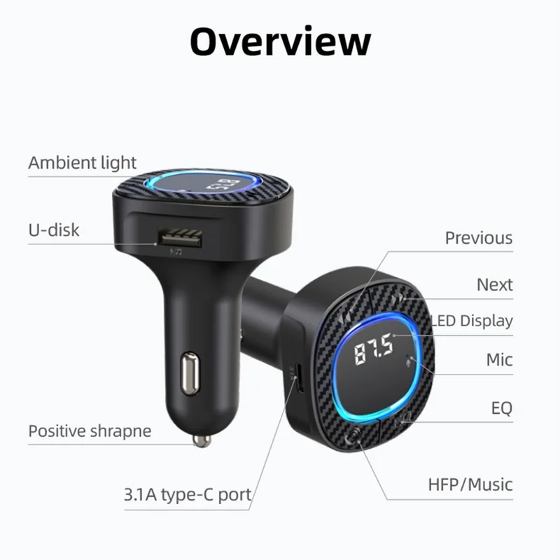 C42 Bluetooth-compatible Hands-free Call MP3 Music Player FM Transmitter Type-C + USB Car Charger Adapter