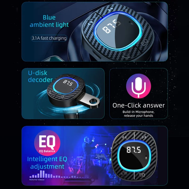 C42 Bluetooth-compatible Hands-free Call MP3 Music Player FM Transmitter Type-C + USB Car Charger Adapter