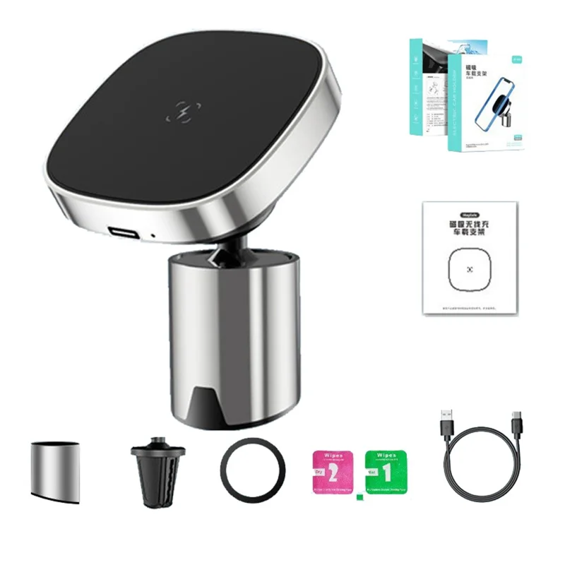 Car Magnetic Wireless Charger Air Vent Dashboard Mount Phone Charging Bracket - Silver