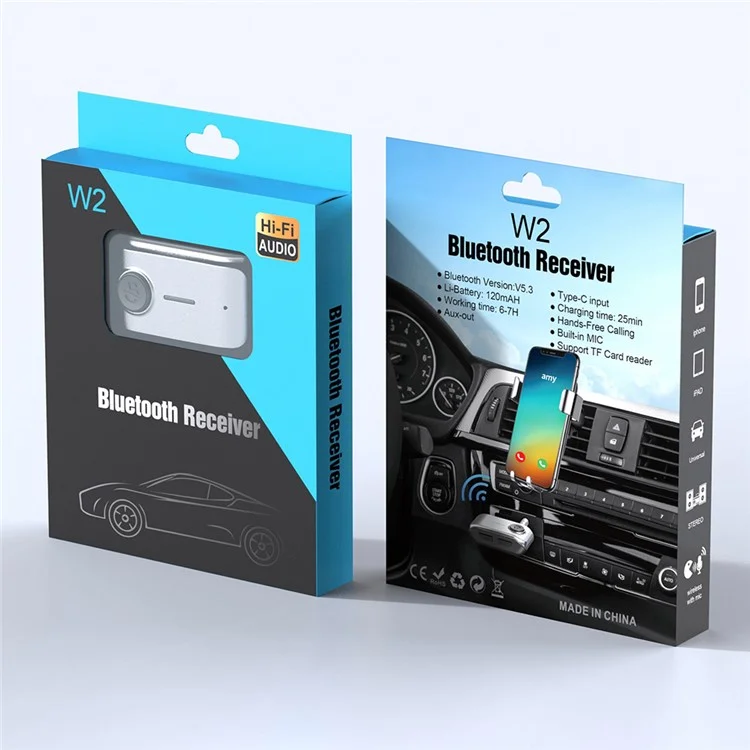 Receptor de Bluetooth para Carro W2 Hands Free AUX Portátil BT 5.3 com Entrada Tipo-C e Slot para Cartão TF