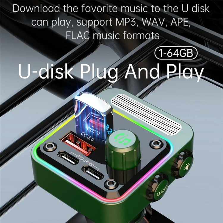 BC91 Car Bluetooth 5.3 Adapter FM Trasmettitore MP3 Player Dual PD Type-C + Dual USB Car Caricabatterie