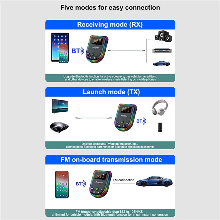 Q5 2-in-1 Bluetooth 5.3 Adaptador de Audio Con Receptor de Audio / Transmisor, Reproductor de Mp3 de Automóvil Con Luz Ambiental Colorida