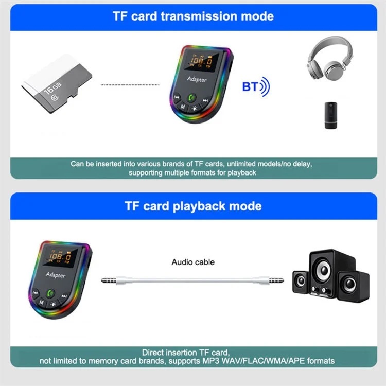 Adaptateur Audio Bluetooth 5.3 Q5 Avec Récepteur Audio / Émetteur, Lecteur Mp3 de Voiture Avec Lumière Ambiante Colorée