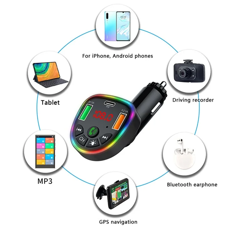 P26 Bluetooth-compatible Hands-Free Dual USB Phone Car Charger with Ambient Light
