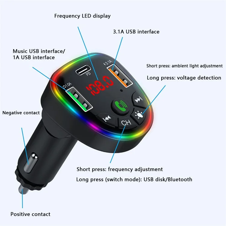 P26 Bluetooth-compatible Hands-Free Dual USB Phone Car Charger with Ambient Light