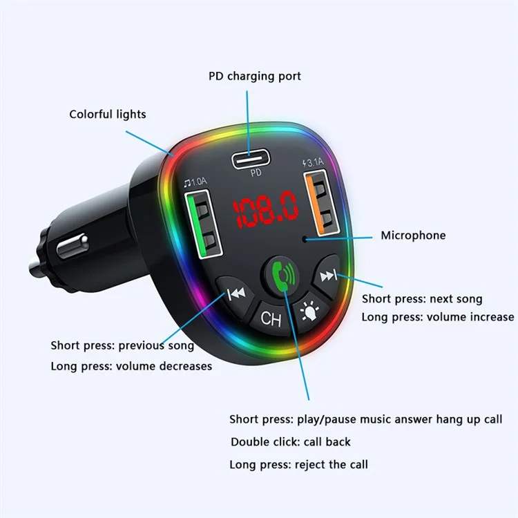 P26 Bluetooth-compatible Hands-Free Dual USB Phone Car Charger with Ambient Light