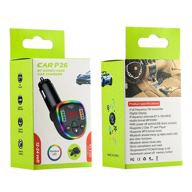 P26 Bluetooth-compatible Hands-Free Dual USB Phone Car Charger with Ambient Light