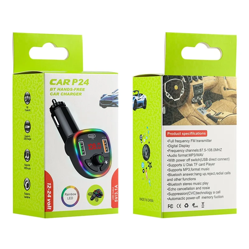 P24 Car Bluetooth Música Detección de Voltaje de Reproductor 1 Tipo-c + 2 Cargador de Automóvil USB