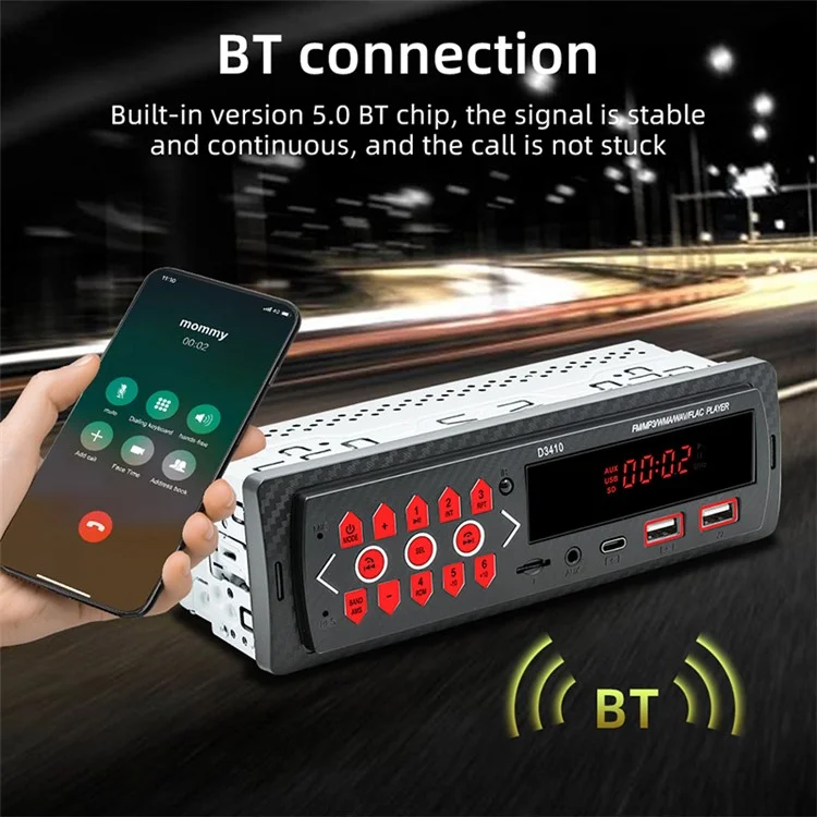 D3410 Bluetooth-MP3-Player für Fahrzeuge Audiogerät, Unterstützung für TF-Karte, U-Disk, UKW-Radio