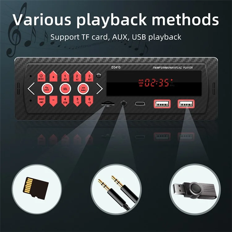 D3410 Bluetooth-MP3-Player für Fahrzeuge Audiogerät, Unterstützung für TF-Karte, U-Disk, UKW-Radio