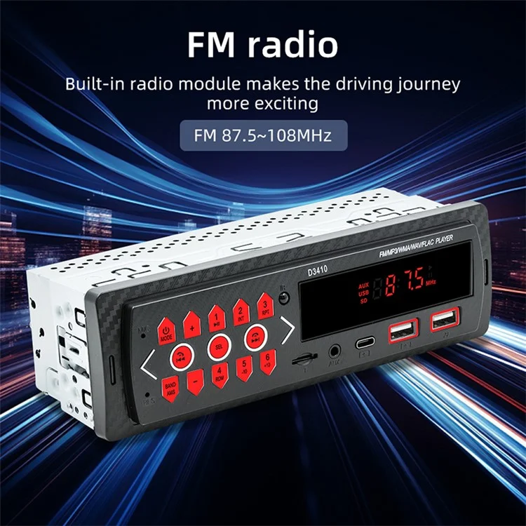 D3410 Car Bluetooth MP3 Player Vehicles Audio Device Support TF Card, U-Disk, FM Radio