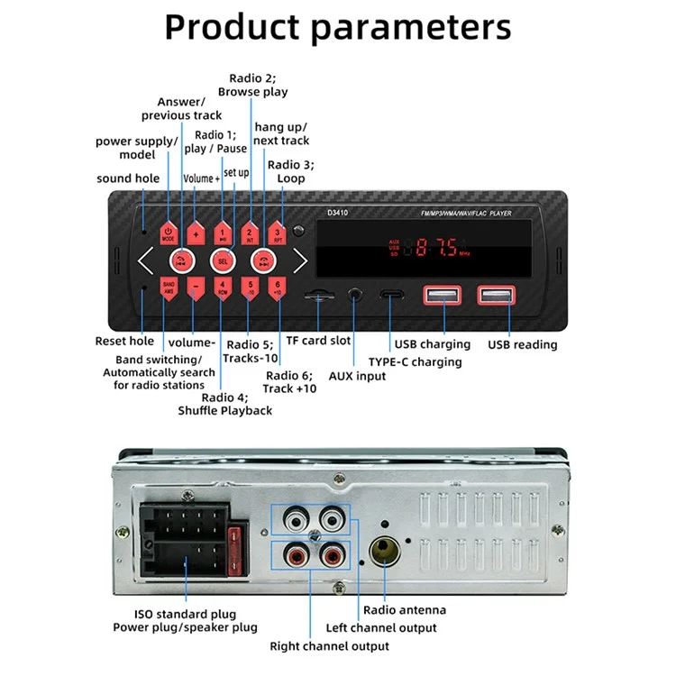 D3410 Bluetooth-MP3-Player für Fahrzeuge Audiogerät, Unterstützung für TF-Karte, U-Disk, UKW-Radio