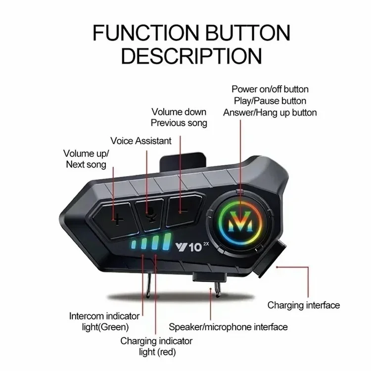 Y10-2X IPX6 Imperméable 300M Intercom Casque Moto Bluetooth Casque - Microphone rigide