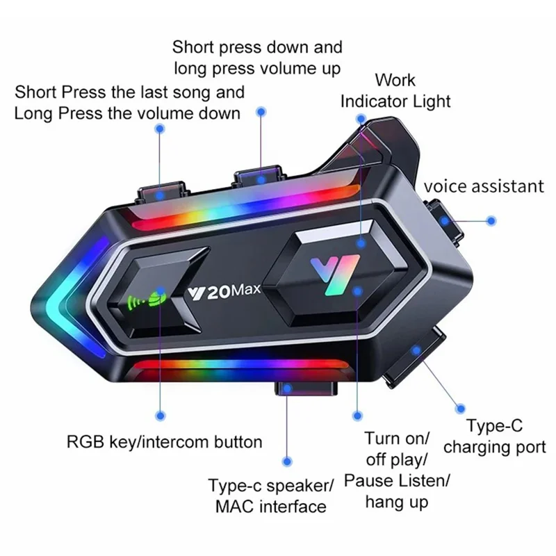 Y20Max RGB Light 300M Intercom Waterproof Motorcycle Helmet Bluetooth-compatible Headset - Hard Mic