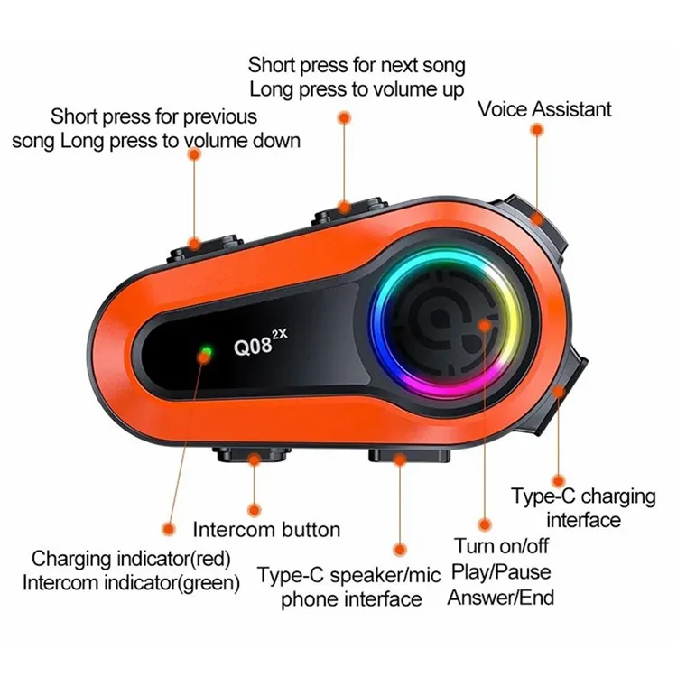 Q08-2X Motorcycle Bluetooth-compatible Headset Helmet Speakers Intercom 2 Riders 1000M Deep Bass-Resonance - Hard Microphone