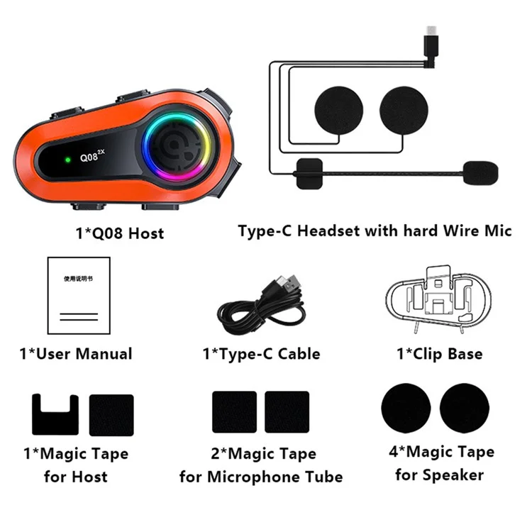 Q08-2X Motorcycle Bluetooth-compatible Headset Helmet Speakers Intercom 2 Riders 1000M Deep Bass-Resonance - Hard Microphone
