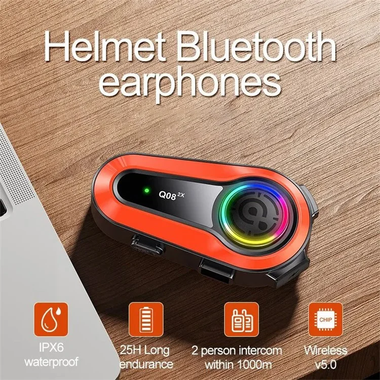 Q08-2X Motorcycle Bluetooth-compatible Headset Helmet Speakers Intercom 2 Riders 1000M Deep Bass-Resonance - Hard Microphone