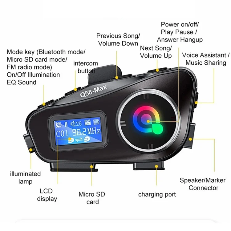 Q58-MAX Casco de Moto Bluetooth Auriculares Altavoces IP65 Resistente al Agua Auriculares de Casco Radio FM - Micrófono Duro
