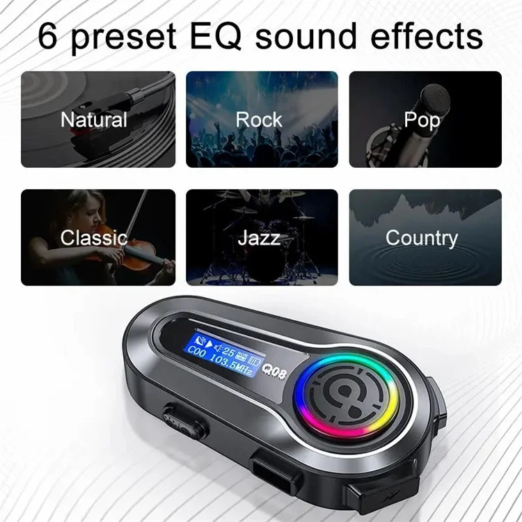 Q08 Motorcycle Helmet Bluetooth Headset Wireless Headphones FM Radio IPX6 Waterproof Headset - Soft Microphone