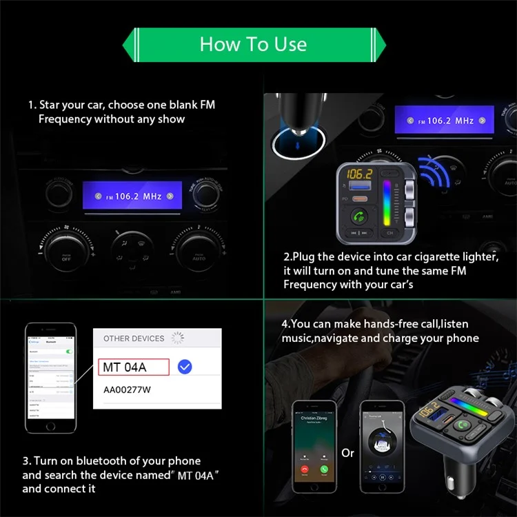 Adattatore Bluetooth MT04 Bluetooth Trasmettitore FM Hifi Music MP3 Player Type-C + USB Car Charger