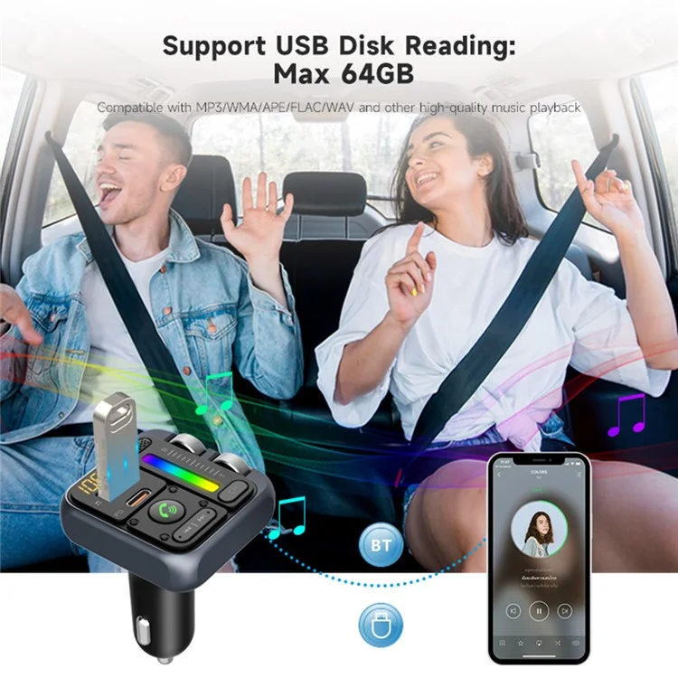 MT04 Bluetooth-Adapter für Autos, FM-Sender, HiFi-Musik-MP3-Player, Typ-C + USB-Autoladegerät