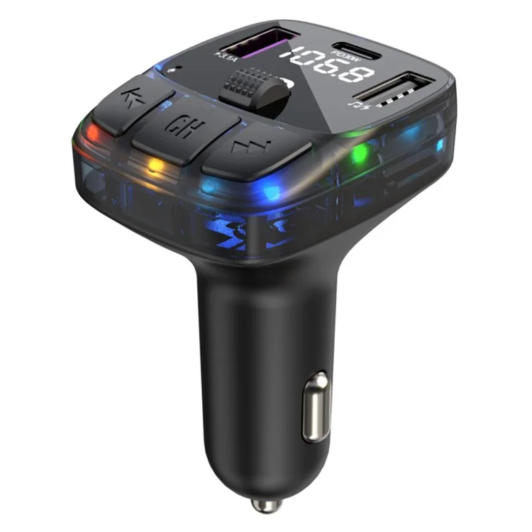 C57 Colorful Light Car Bluetooth Adapter Hands-free Call MP3 Player FM Transmitter PD Type-C + Dual USB Car Charger