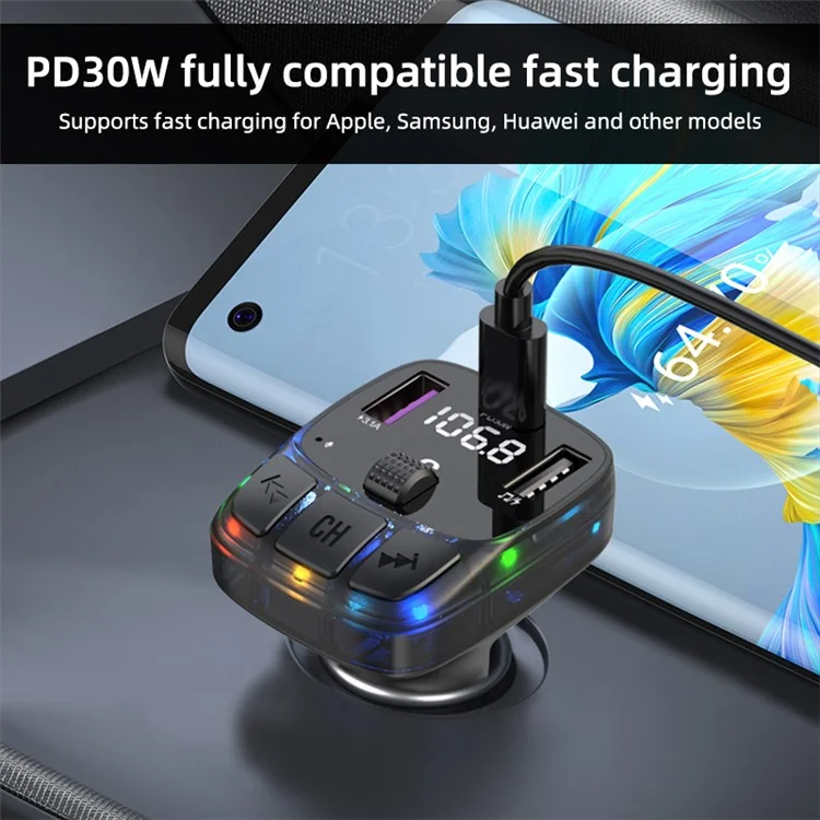 C57 Colorful Light Car Bluetooth Adapter Hands-free Call MP3 Player FM Transmitter PD Type-C + Dual USB Car Charger