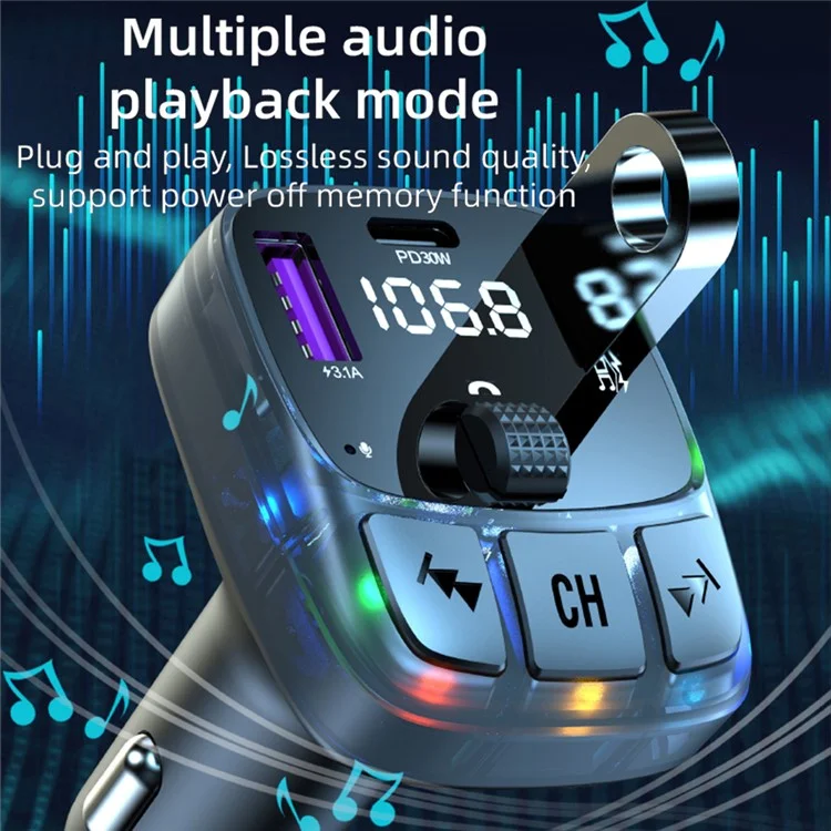 C57 Colorful Light Car Bluetooth Adapter Hands-free Call MP3 Player FM Trasmettitore PD Type-C + Caricabatterie da Auto Dual USB