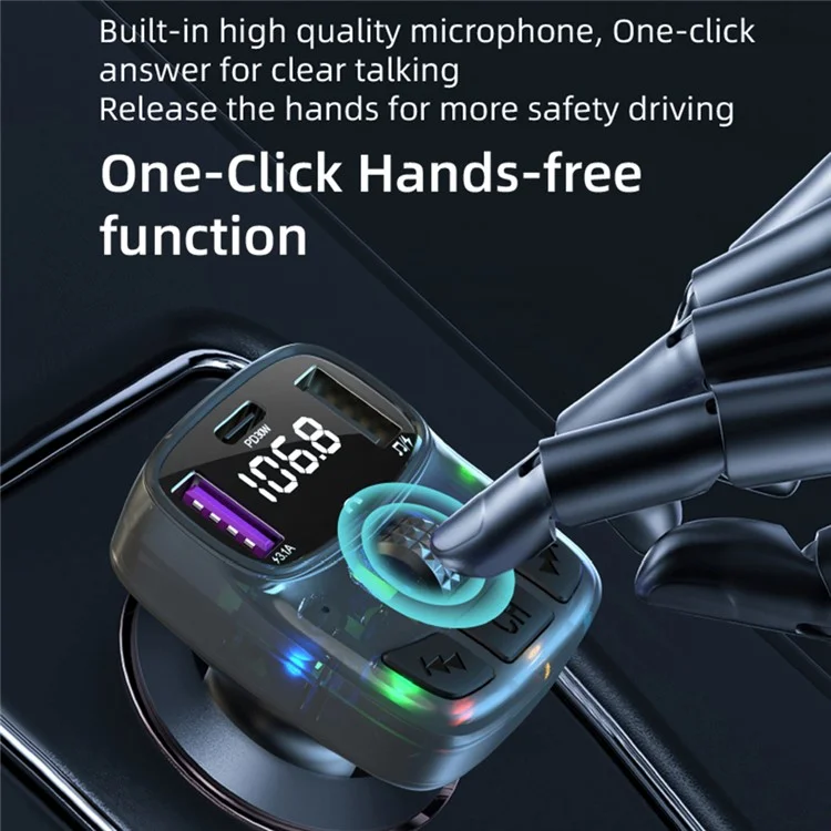 C57 Colorful Light Car Bluetooth Adapter Hands-free Call MP3 Player FM Trasmettitore PD Type-C + Caricabatterie da Auto Dual USB