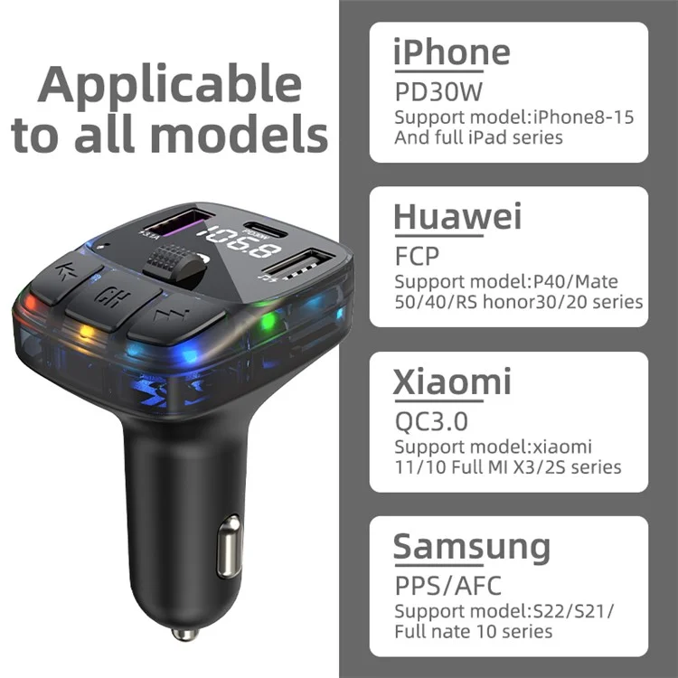 C57 Colorful Light Car Bluetooth Adapter Hands-free Call MP3 Player FM Trasmettitore PD Type-C + Caricabatterie da Auto Dual USB