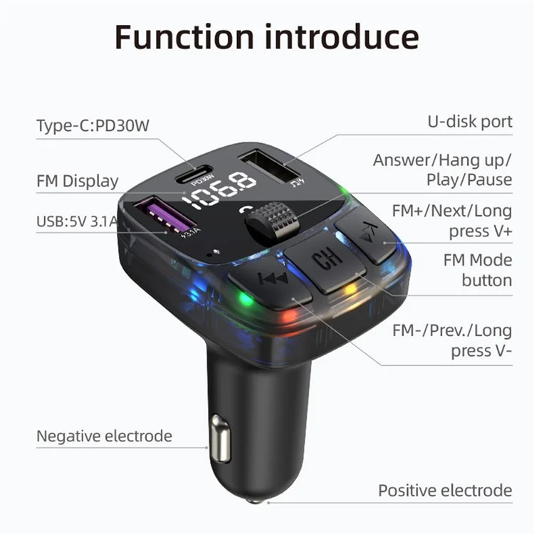 C57 Colorful Light Car Bluetooth Adapter Hands-free Call MP3 Player FM Trasmettitore PD Type-C + Caricabatterie da Auto Dual USB