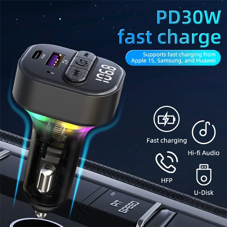 C50 Colorful Light Car Bluetooth Adapter FM Transmetteur MP3 Player Type-C + Chargeur de Voiture USB