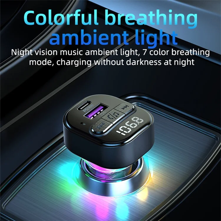 C50 Colorido Car Light Bluetooth Adaptador FM Transmisor MP3 Player Tipo-c + Cargador de Automóvil USB