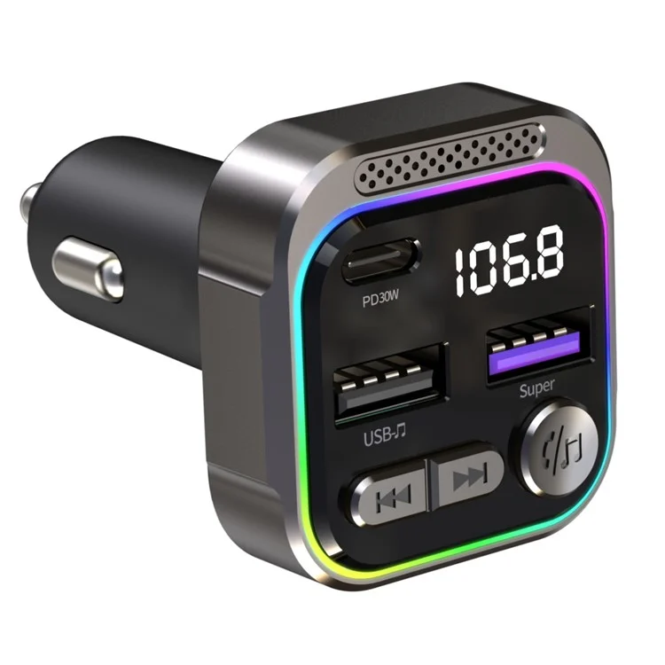 C54 Alloy Car Bluetooth-compatible Adapter FM Transmitter MP3 Player PD 30W Type-C + Dual USB Car Charger