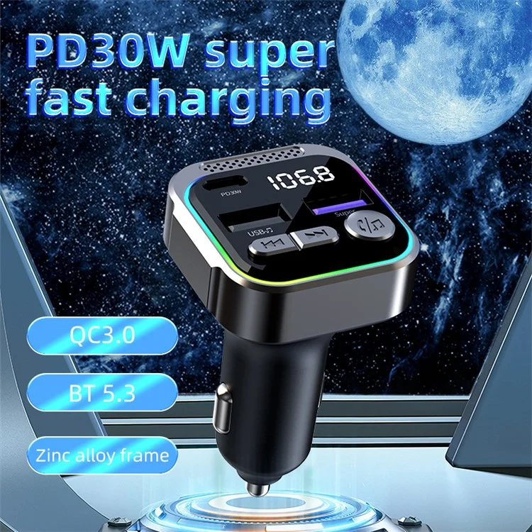 C54 Alloy Car Bluetooth Adapter FM Transmitter MP3 Player PD 30W Type-C + Dual USB Car Charger