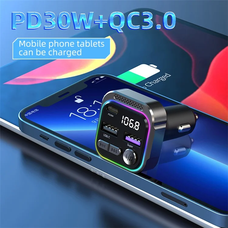C54 Alloy Car Bluetooth-compatible Adapter FM Transmitter MP3 Player PD 30W Type-C + Dual USB Car Charger