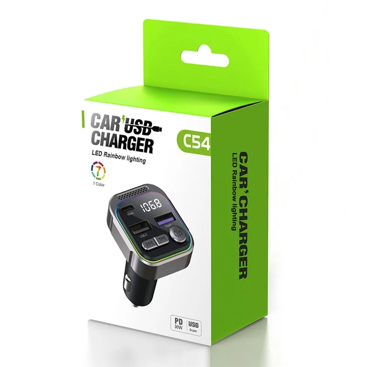 C54 Alloy Car Bluetooth-compatible Adapter FM Transmitter MP3 Player PD 30W Type-C + Dual USB Car Charger