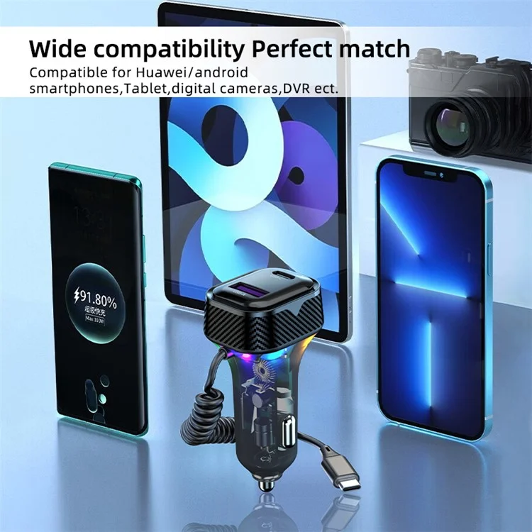 K8 Usb + Type-C Double Port QC3.0 Chargeur de Voiture à Chargement Rapide Avec Câble de Type c Pour Huawei / iPhone