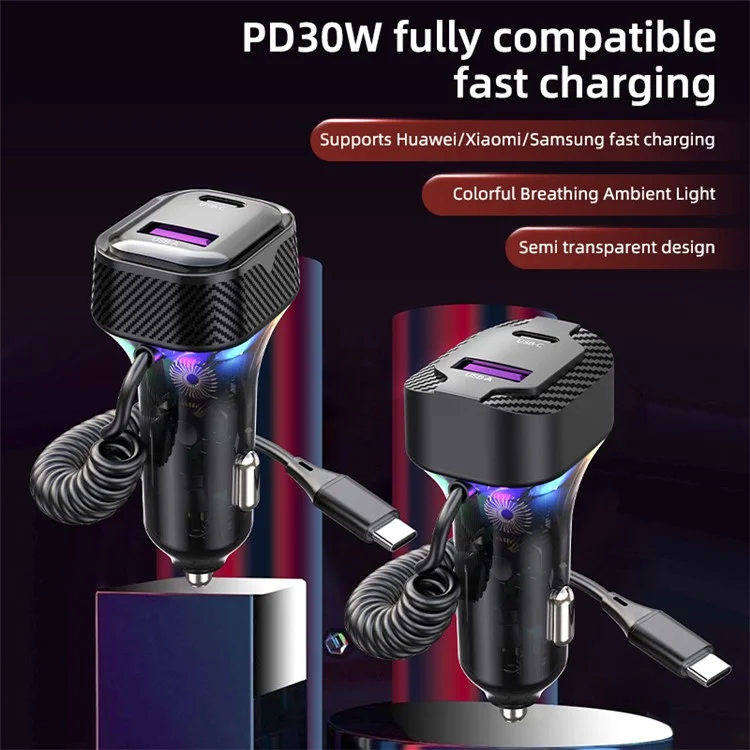 K8 Usb + Type-C Double Port QC3.0 Chargeur de Voiture à Chargement Rapide Avec Câble de Type c Pour Huawei / iPhone