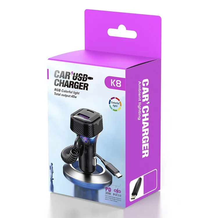 K8 Usb + Type-C Double Port QC3.0 Chargeur de Voiture à Chargement Rapide Avec Câble de Type c Pour Huawei / iPhone