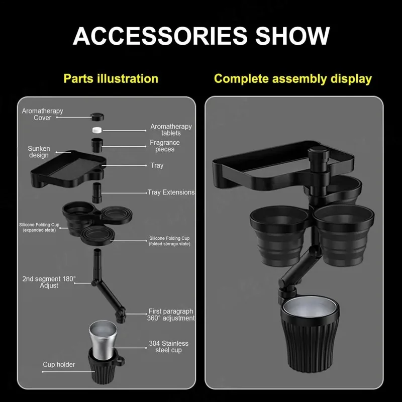 JY-G204 ABS+Stainless Steel Car Cup Holder Meal Tray Drink Cup Storage Rack with Aromatherapy Function